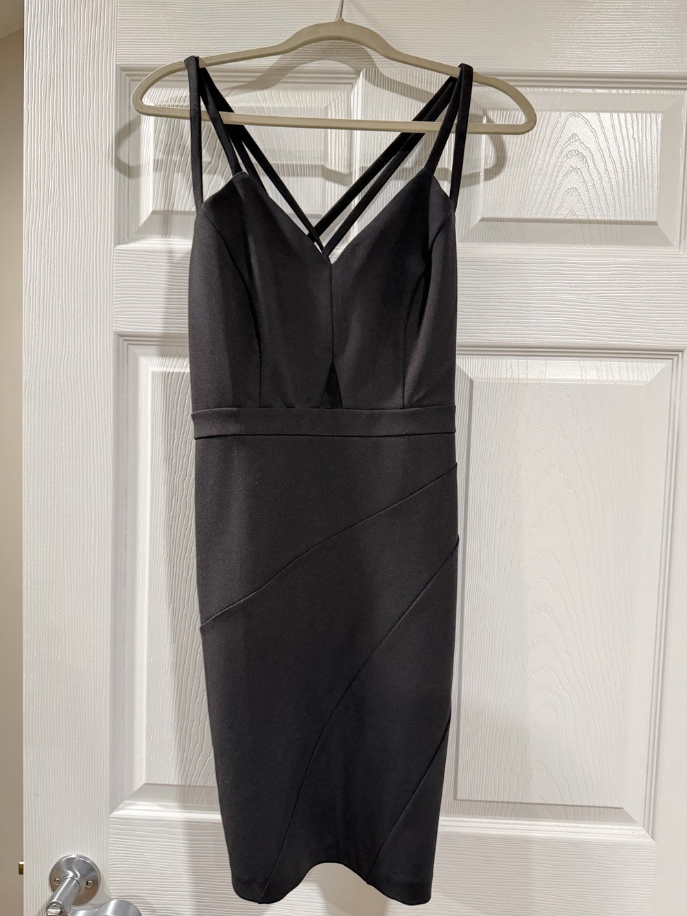 Le Chateau Black Strappy V-Neck Midi Sheath Dress